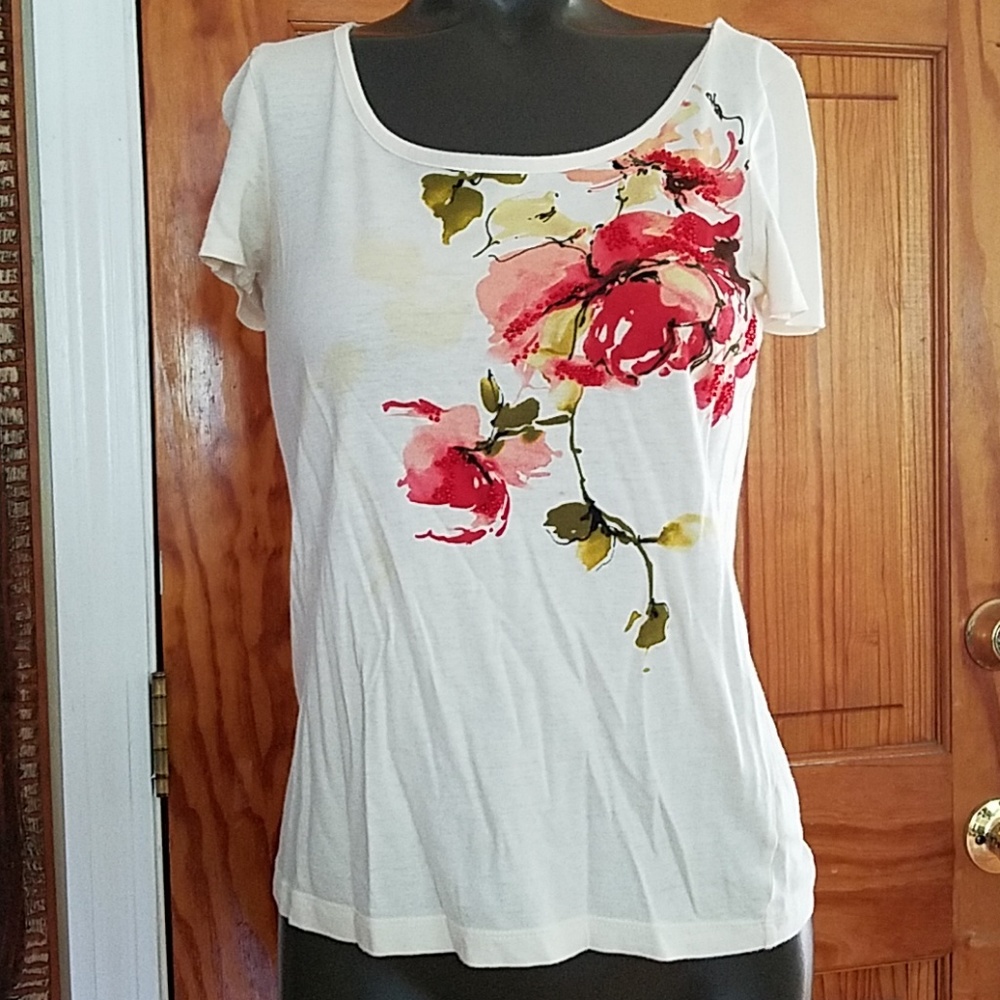 Talbots Short Sleeve Floral T Shirt Petite Cream
